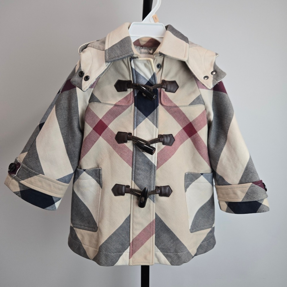 Burberry Kids Plaid Check Toggle Duffle Coat Beige Burgundy 4Y 104cm Hooded